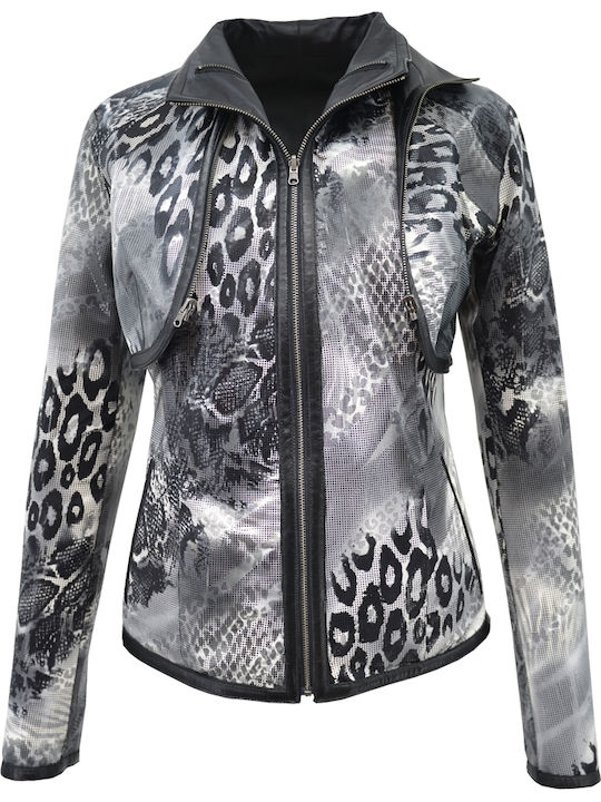 Women's Short Lifestyle Leather Jacket for Spring or Autumn Black