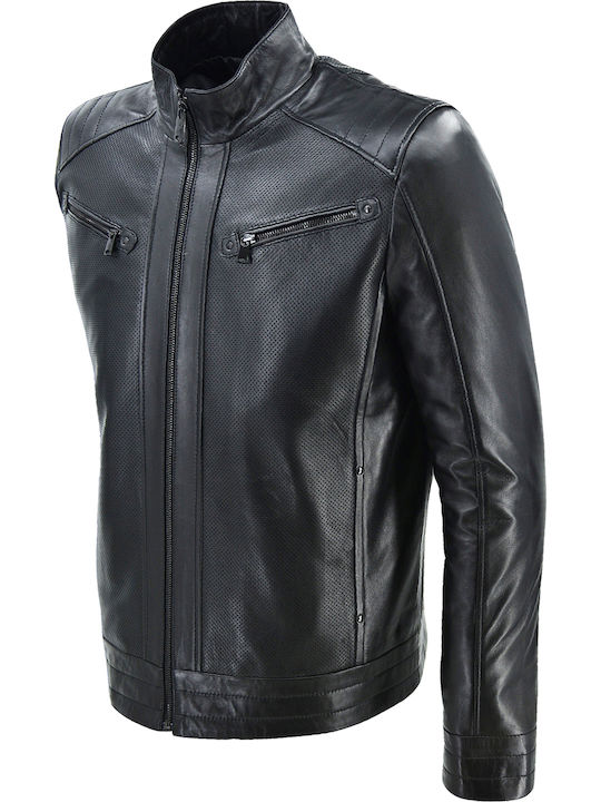 Δερμάτινα 100 Men's Winter Leather Biker Jacket Black