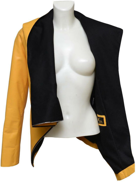 Δερμάτινα 100 Women's Short Biker Leather Jacket for Winter with Hood Yellow