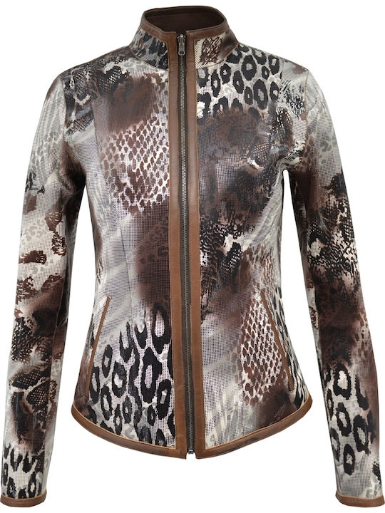 Δερμάτινα 100 Women's Short Biker Leather Jacket for Winter Brown