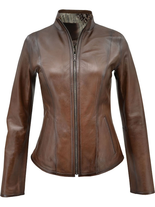 Δερμάτινο Γυναικείο Biker Jacket Καφέ