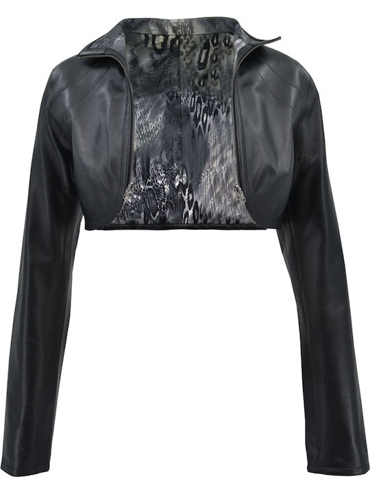 Women's Short Lifestyle Leather Jacket for Spring or Autumn Black