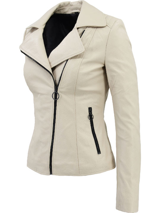 Women's Short Biker Leather Jacket for Winter Beige