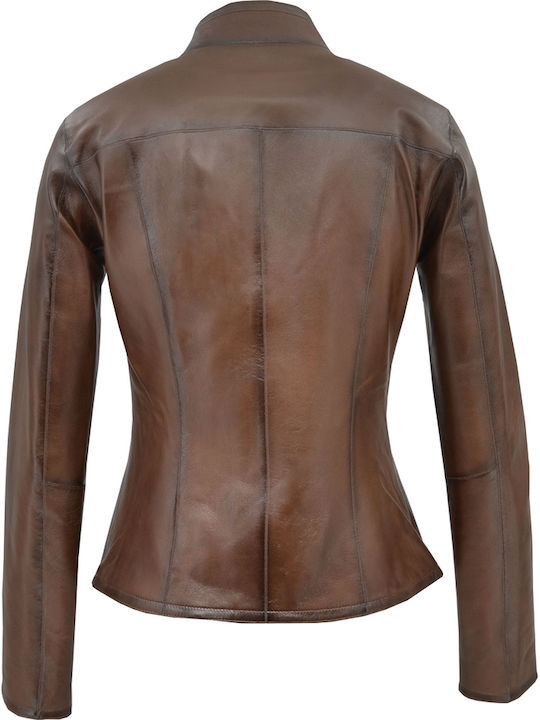 Δερμάτινο Γυναικείο Biker Jacket Καφέ