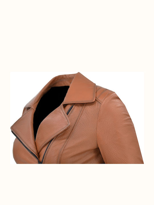 Women's Short Biker Leather Jacket for Winter Tabac Brownc Brown