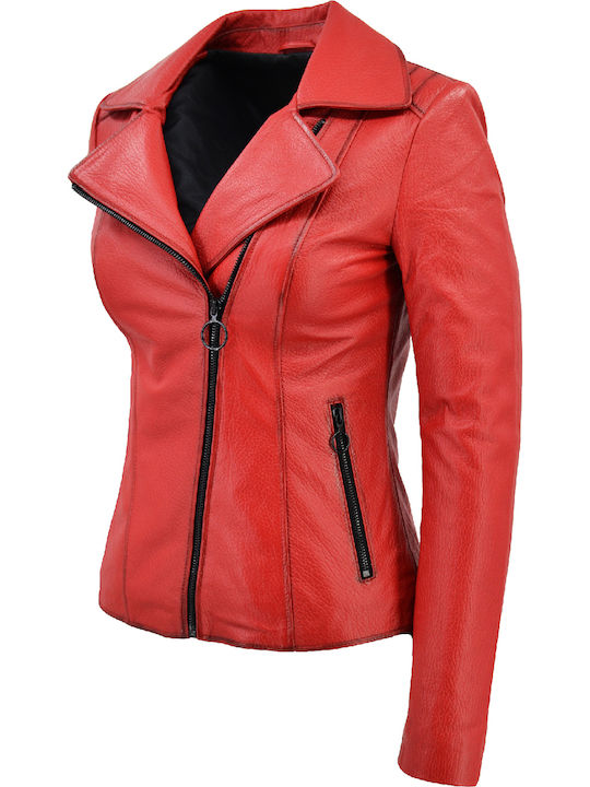 Δερμάτινα 100 Women's Short Biker Leather Jacket for Winter Red