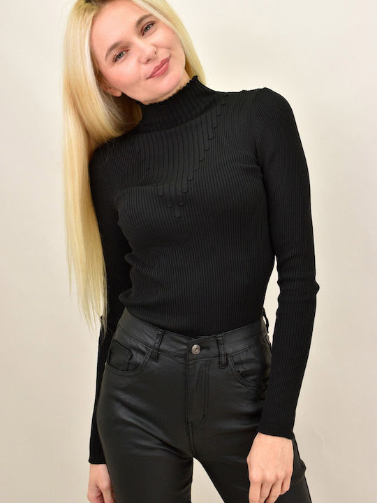 Potre Women's Long Sleeve Crop Sweater Turtleneck Black