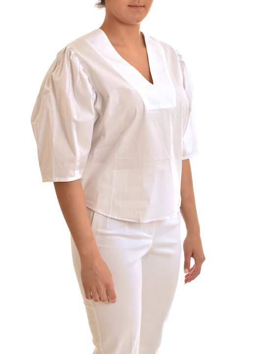 Aggel Women's Summer Blouse with 3/4 Sleeve & V Neckline White