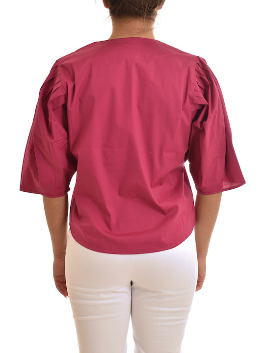 Damen Sommer Bluse Kurzärmelig mit V-Ausschnitt Blumen Fuchsie