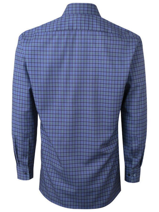 Olymp Men's Shirt Long Sleeve Cotton Checked Blue