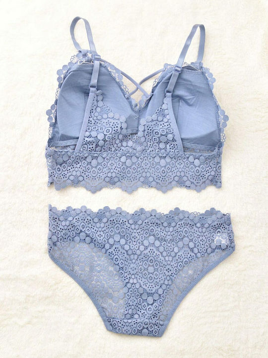 Potre Δαντελένιο Σετ Εσωρούχων Bralette με Slip Γαλάζιο