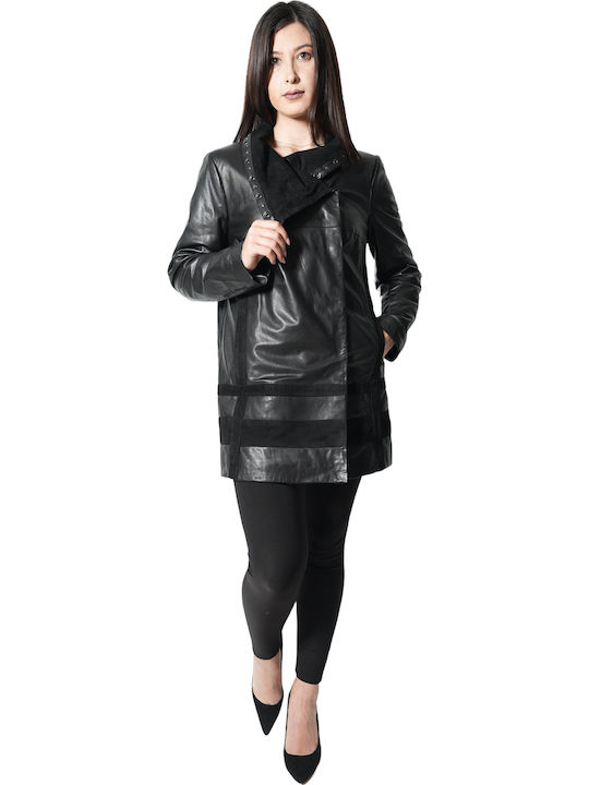 Women's Long Lifestyle Artificial Leather Jacket for Winter Black
