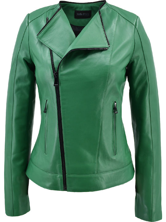 Δερμάτινα 100 Women's Short Biker Leather Jacket for Winter Green