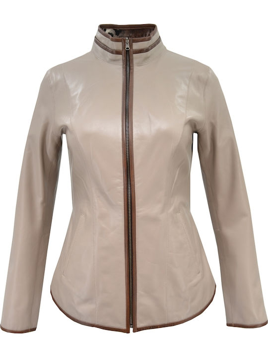Women's Short Lifestyle Leather Jacket for Spring or Autumn Beige