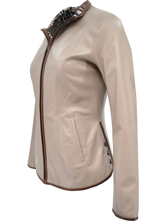 Women's Short Lifestyle Leather Jacket for Spring or Autumn Beige