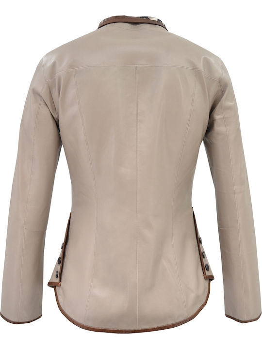 Women's Short Lifestyle Leather Jacket for Spring or Autumn Beige
