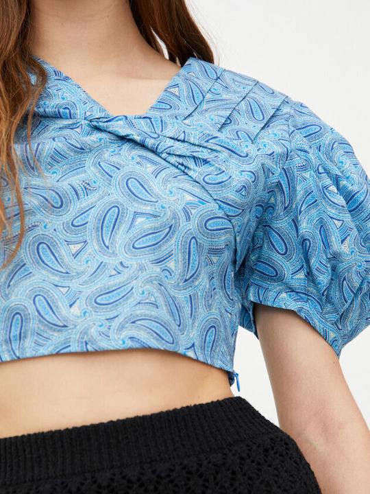 Women's Summer Crop Top Cotton Short Sleeve Blue