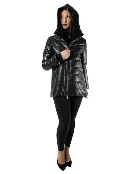 MARKOS LEATHER Women's Long Lifestyle Leather Jacket for Winter with Hood Black