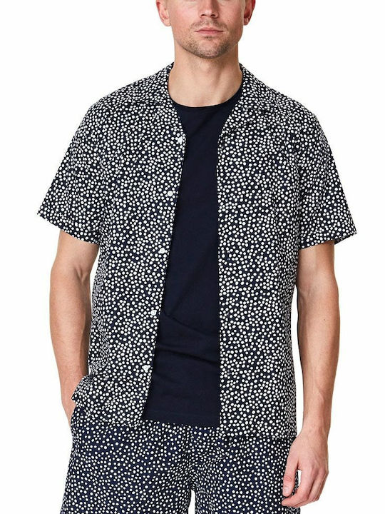 Les Deux Men's Shirt Short Sleeve Cotton Floral Navy Blue