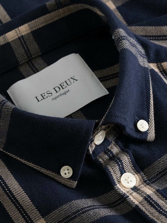 Long-sleeved Flannel Shirt Checked Navy Blue