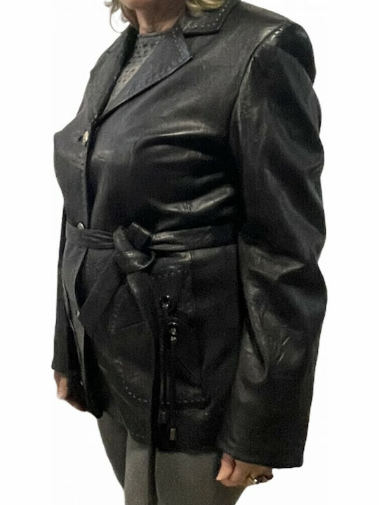 MARKOS LEATHER Γυναικείο Δερμάτινο Μεσάτο Σακάκι Μαύρο