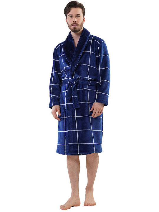 Vienetta Secret Men's Winter Checked Pajama Robe Blue