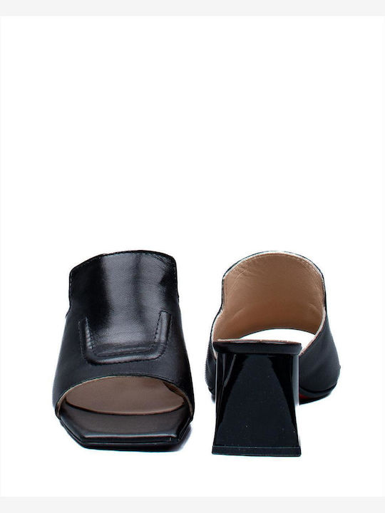 Leather Mules with Chunky High Heel in Black Color