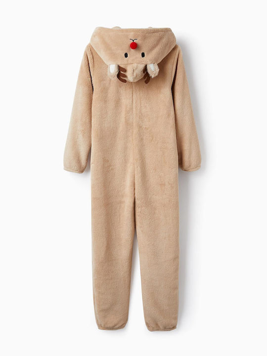 Zippy Kids' One-piece Pajamas Winter Fleece BEIGE Red Nose