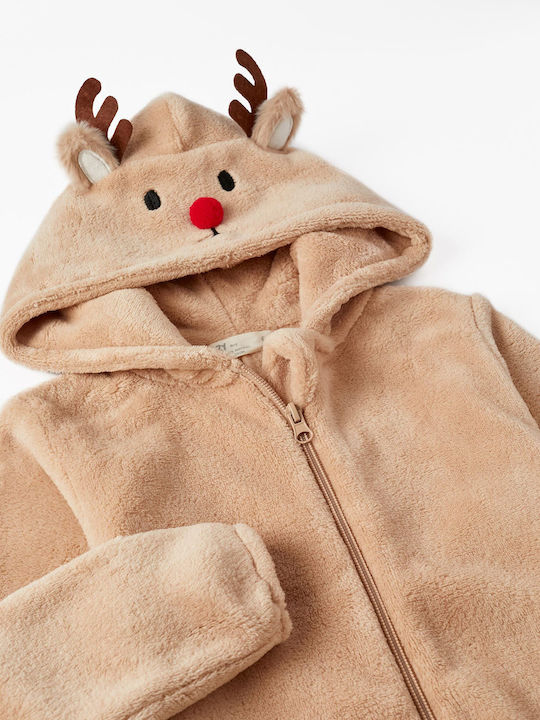 Zippy Kids' One-piece Pajamas Winter Fleece BEIGE Red Nose
