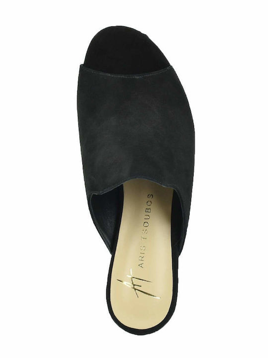 Suede Mules with Chunky Low Heel in Black Color