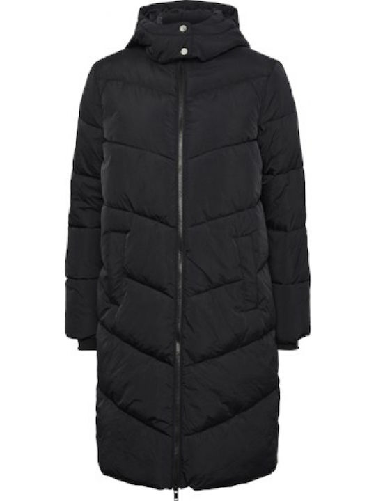 Women's Long Puffer Jacket for Winter with Hood Black