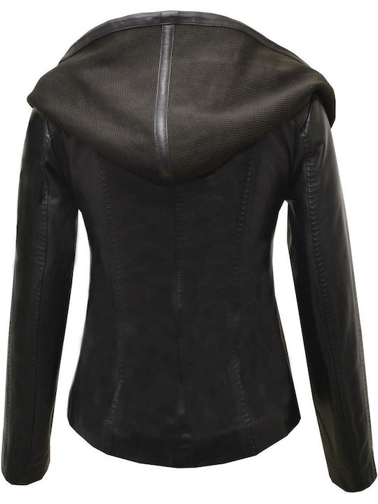 Women's Short Lifestyle Leather Jacket for Winter with Hood LEATHER (Leather)