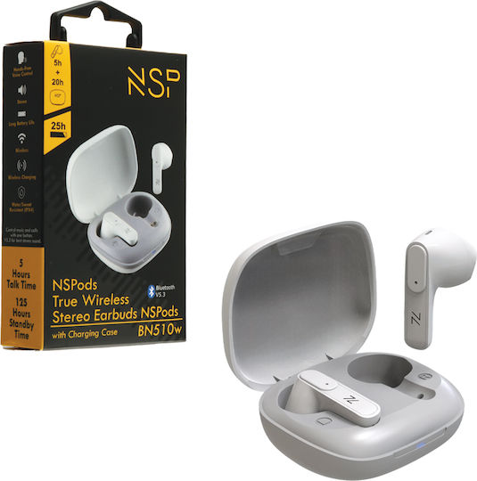 NSP Nspods BN510W Earbud Bluetooth Handsfree Ακουστικά με Αντοχή στον Ιδρώτα και Θήκη Φόρτισης Λευκά