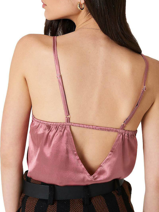 Women's Blouse Satin with Straps & V Neckline Pink