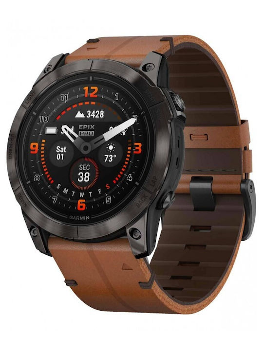 Garmin Epix Pro (Gen 2) Sapphire Edition 51mm Smartwatch mit Pulsmesser (Carbon Gray DLC Titanium with Chestnut Leather)