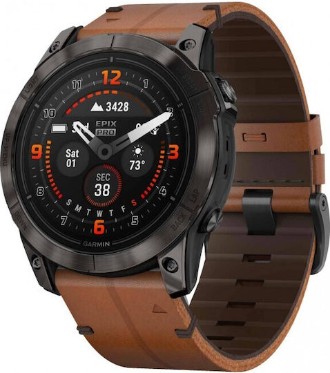 Garmin Epix Pro (Gen 2) Sapphire Edition Titanium 51mm Αδιάβροχο Smartwatch με Παλμογράφο (Carbon Gray DLC Titanium with Chestnut Leather)