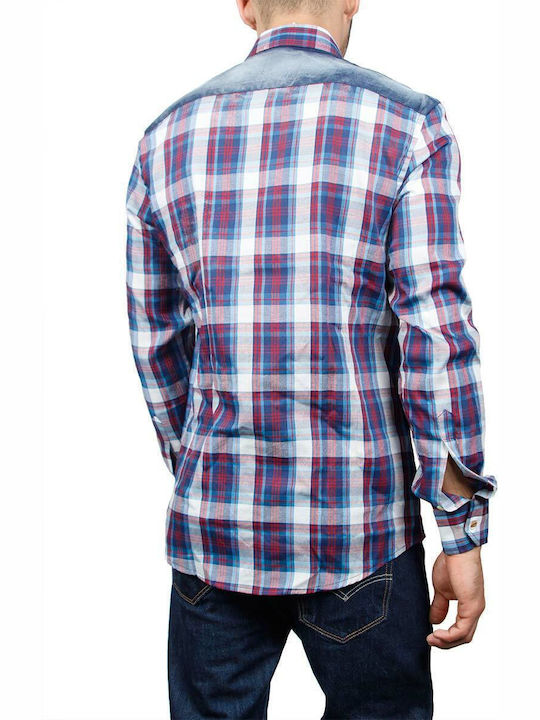 Missone Men's Shirt Long Sleeve Denim Checked Red (red)