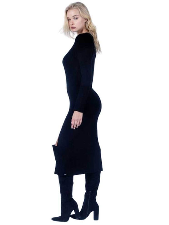 Midi Φόρεμα Πλεκτό με Σκίσιμο Black
