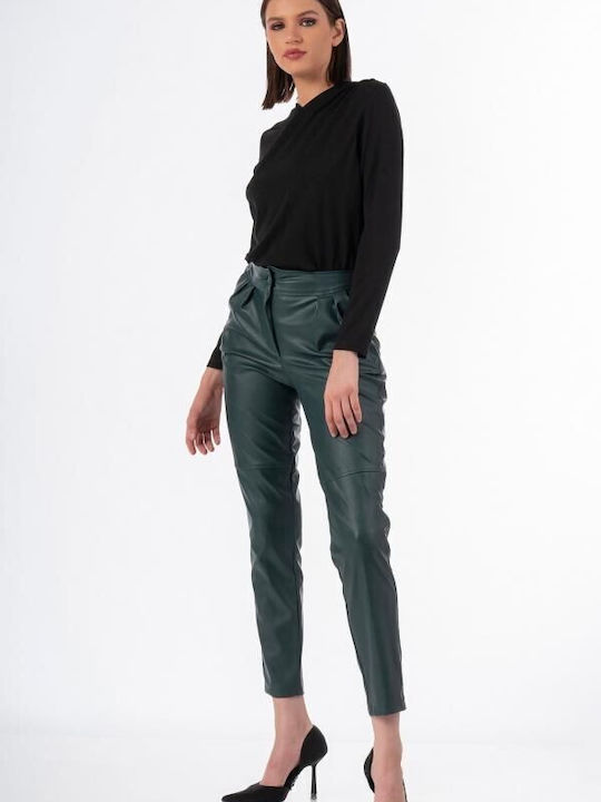 Bellino Women's High-waisted Leather Trousers in Paperbag Fit GREEN