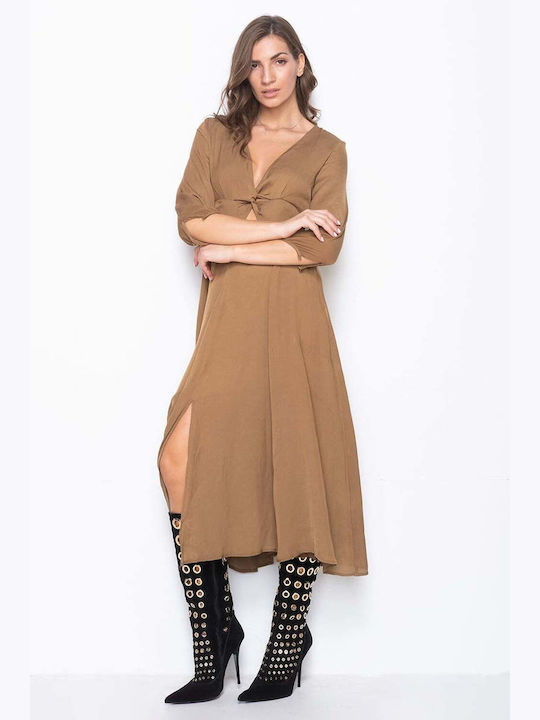 Minkpink Midi Dress with Slit Khaki