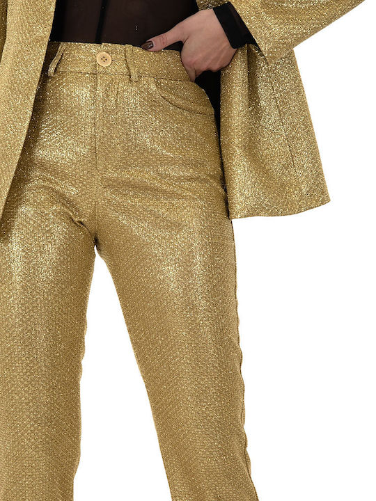 MY T Women's High Waist Fabric Capri Trousers in Straight Line Gold