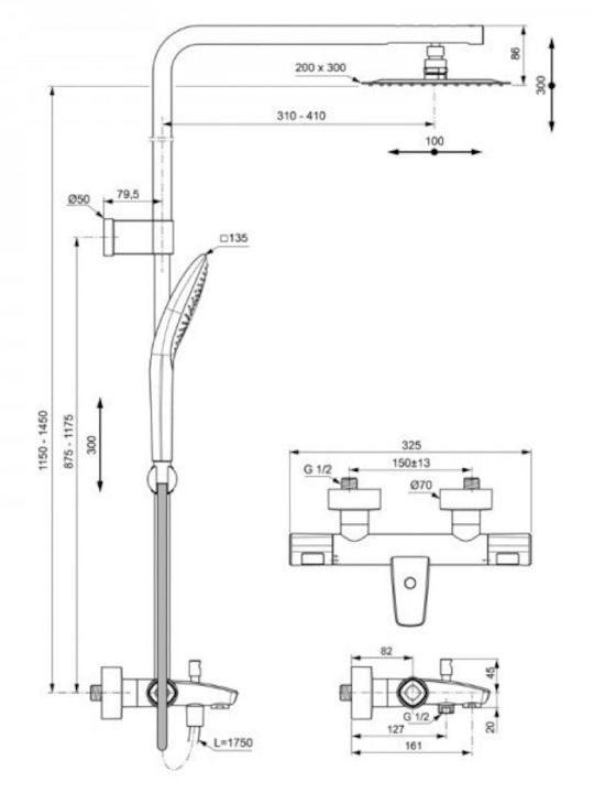 Ideal Standard Ceratherm T100 Στήλη Ντουζ με Μπαταρία 30cm Ασημί