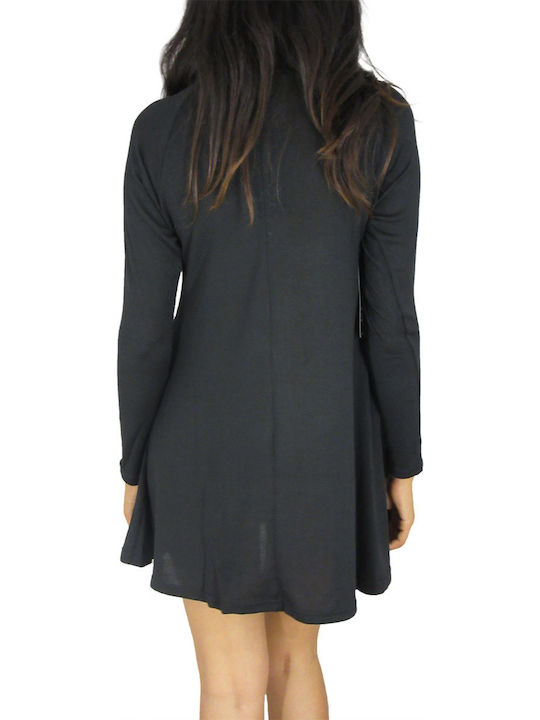 Rochie Mini Tricotată cu Guler Înalt Negru