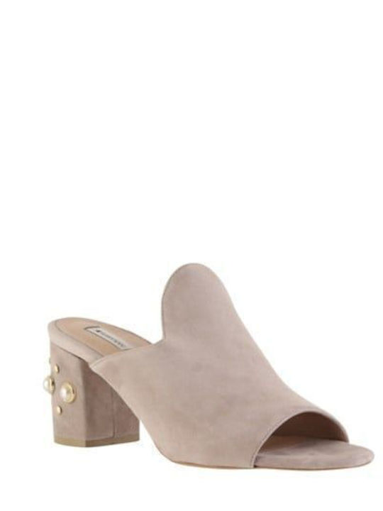 Suede Mules with Chunky High Heel Pearl Taupe