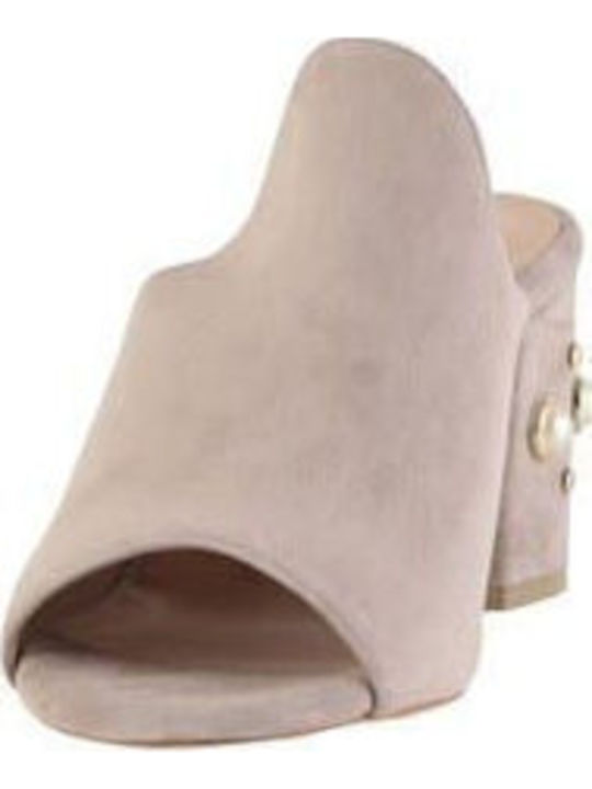Suede Mules with Chunky High Heel Pearl Taupe