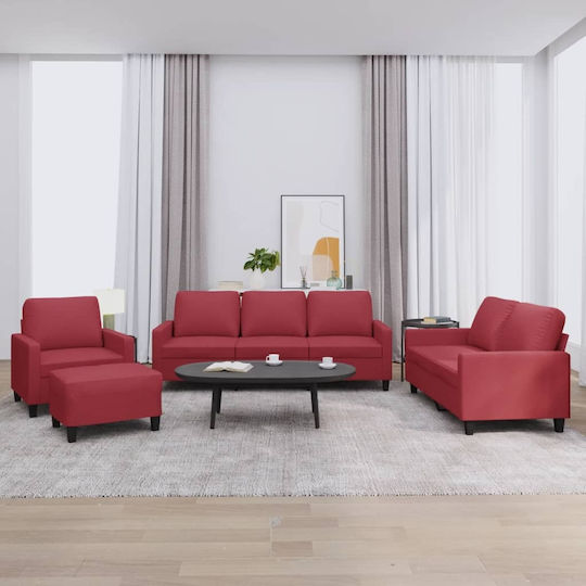 Living Room Furniture Set 3-Seater & 2-Seater & Armchair & Stool Red