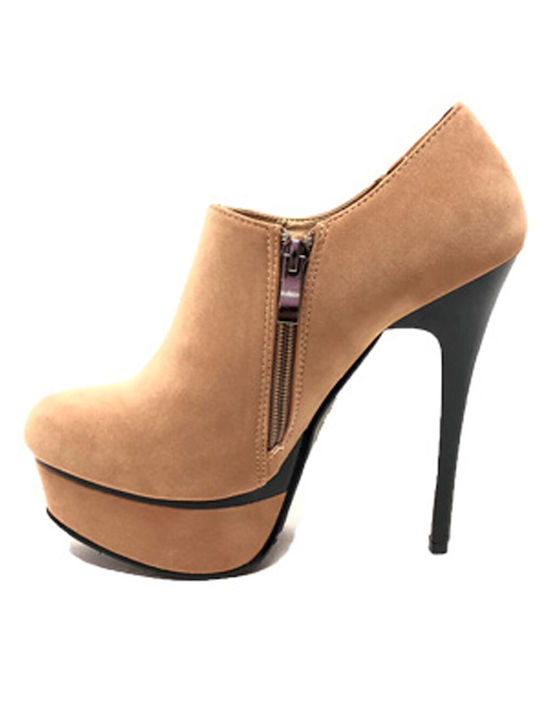 Queen Accessories Suede Women's Ankle Boots with High Heel Beige