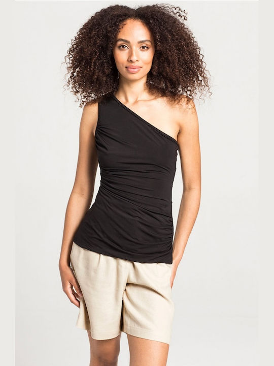 Matis Fashion Damen Crop Top mit einem Schulter Schwarz