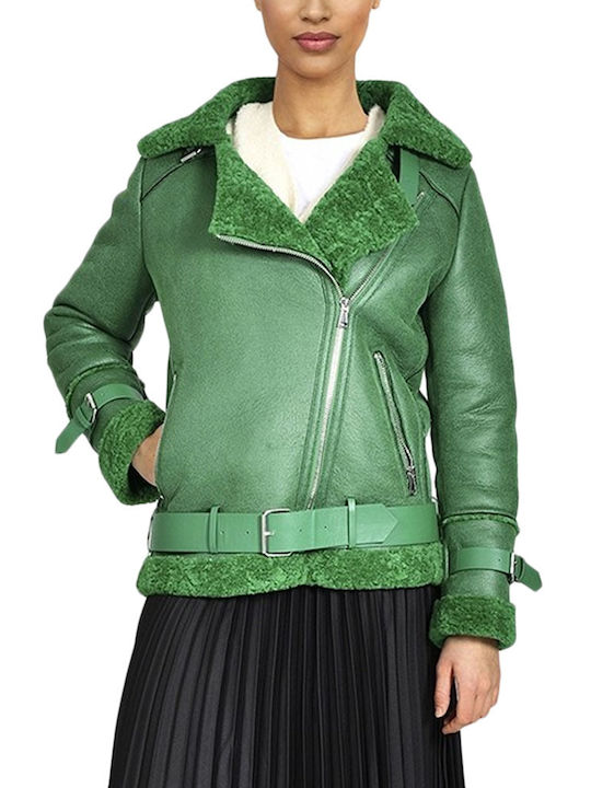 Oakwood Women's Short Biker Artificial Leather Jacket for Winter Green