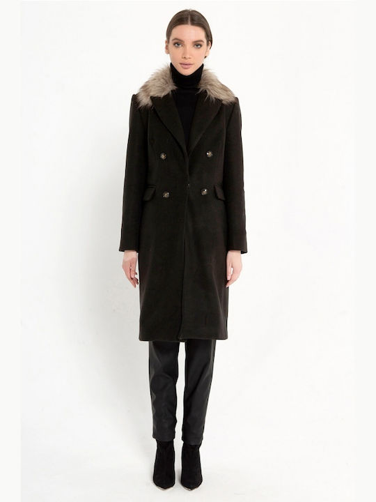 Matis Fashion Γυναικείο Μαύρο Παλτό με Γούνινες Λεπτομέρειες